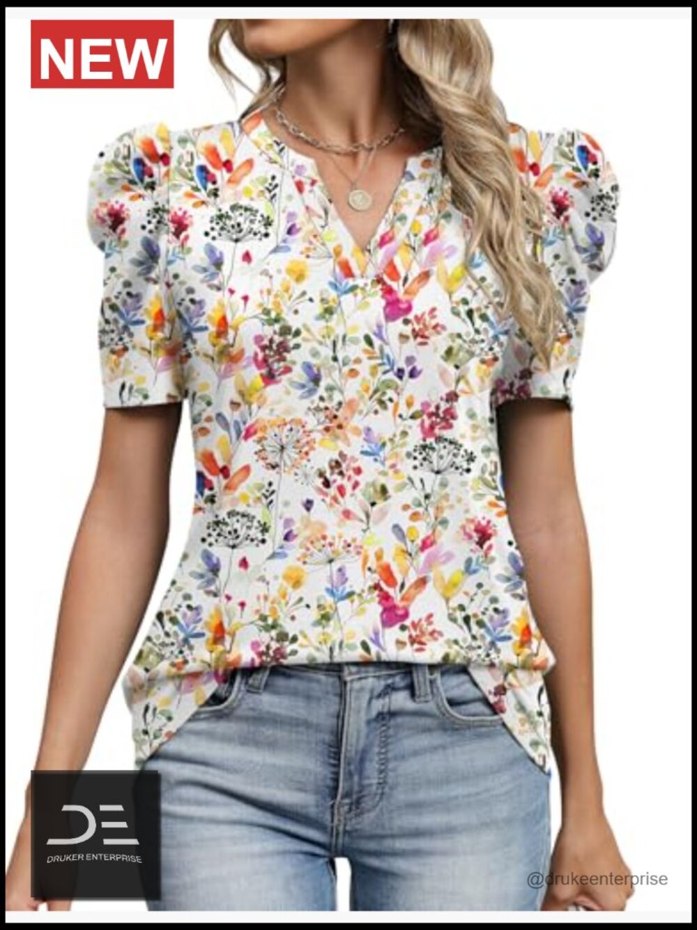 Puff Sleeve V-Neck Blouse Women Spring Summer Work Tops - Picture 2 of 7